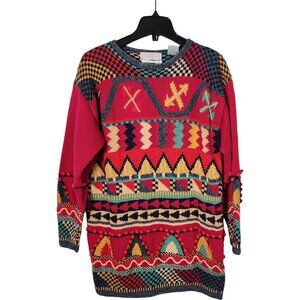 Vintage Pink Geometric Abstract Tunic Length Sweater with 3D Baubles Artsy Sz M